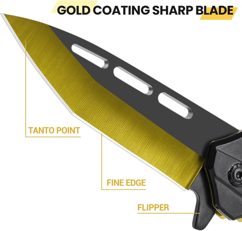 FUNBRO Pocket Knife for Men, Cool Folding Knife with 3.4” Stainless Steel Sharp Blade, Flipper Open EDC Knives with Clip for Outdoor Camping Hiking, Gifts for Dad Him Husband (Gold) - Image 2